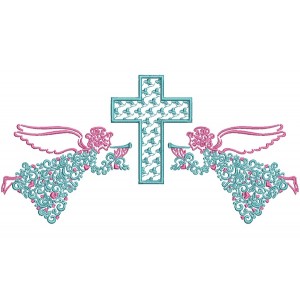 Two Angels And a Cross Ornate Religious Filled Machine Embroidery Design Digitized Pattern